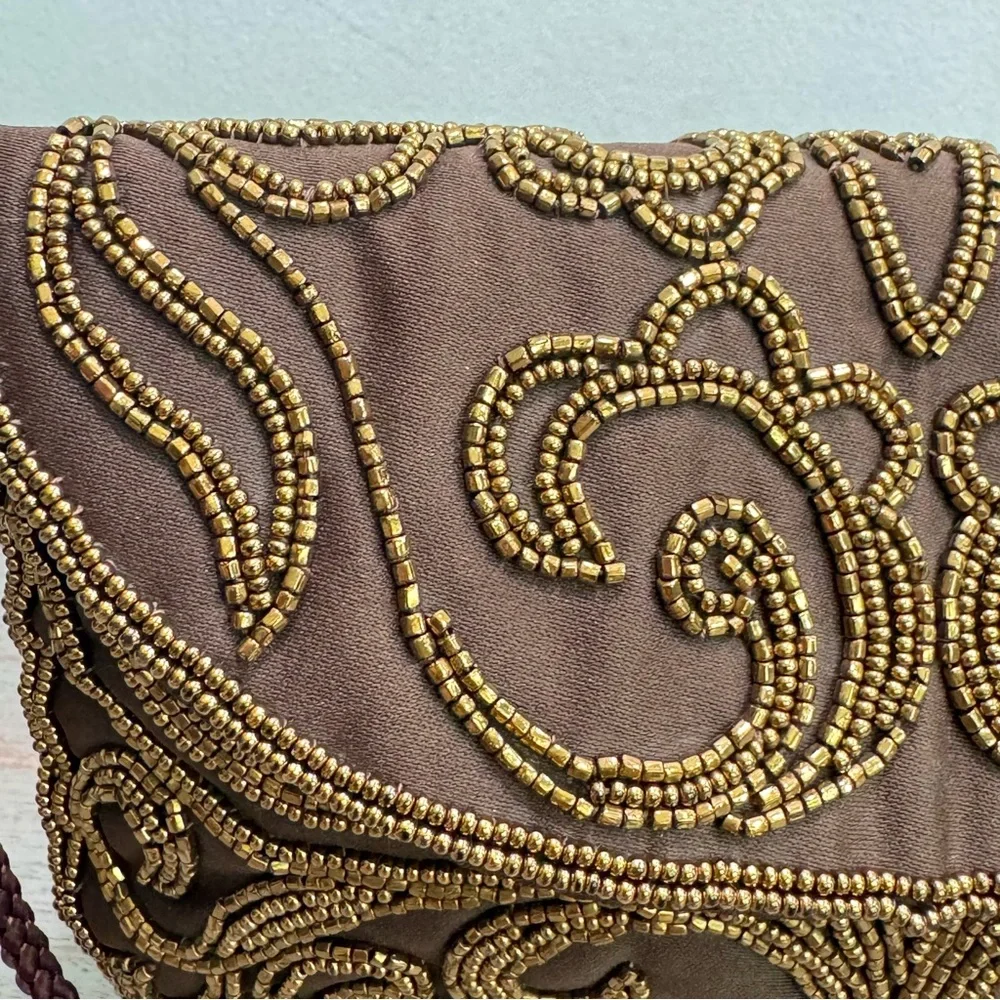 Vintage Walbaeg Beaded Brown Satin Evening Bag Dressy Formal Purse Crossbody‎